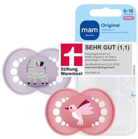 MAM Original Schnuller | 6-16 Monate | 94% Akzeptanz | stillfreundlicher Babyschnuller | von Hebammen empfohlen | zahnfreundlich | SkinSoft Silikon | Zebra/Vogel | 2 Stück