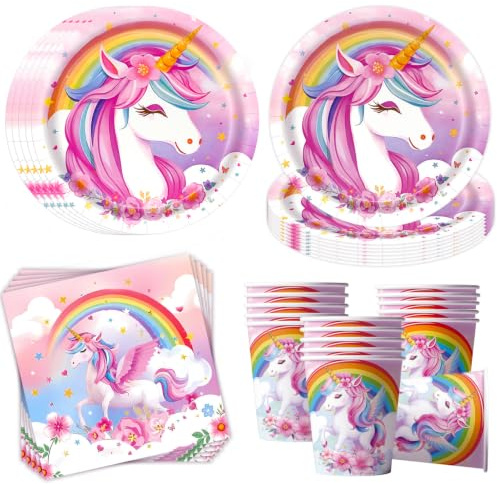 Cheukka Einhorn Partygeschirr für 16 Gäste,52 Stück Einhorn geburtstag Pappteller Set,Einhorns Pappteller Servietten Becher geschirr für Junge Mädchen Kindergeburtstag
