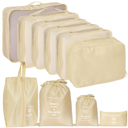Zorplex Lot de 10 Organisateurs de Voyage, Organisateurs de Bagage, Cubes de Rangement pour Valise, Accessoires, Vêtements, Chaussures et Cosmétiques (Beige)
