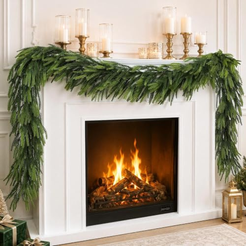 N&T NIETING 9FT Christmas Norfolk Pine Garland Real Touch Pine Artificial Garlands Faux Greenery Garland Winter Christmas Garland for Table Mantle Fireplace Indoor Outdoor Xmas Decorations