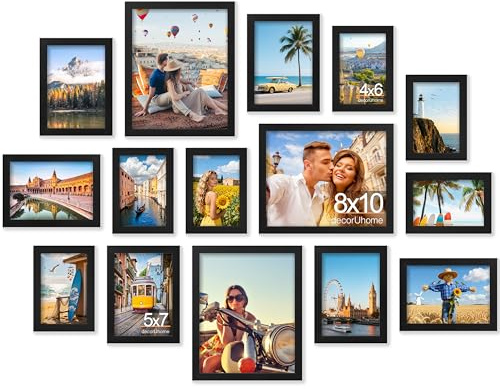 decorUhome P0715BK Bilderrahmen-Set für Wand und Tischplatte, 15 Stück | Schwarzer Bilderrahmen in verschiedenen Größen, enthält drei 20,3 x 25,4 cm, sechs 12,7 x 17,8 cm, sechs 10,2 x 15,2 cm für
