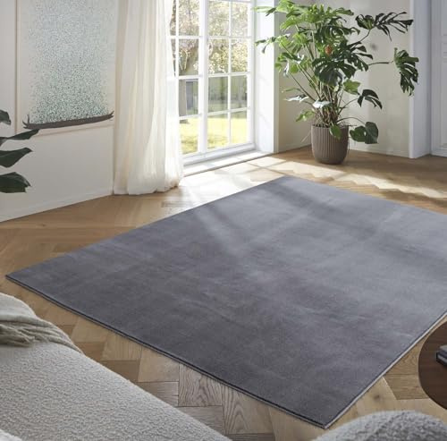 Taracarpet Teppich Kurzflor weicher Designer Uni Bodenbelag Madrid fürs Wohnzimmer, Kinderzimmer, Schlafzimmer und die Küche geeignet New Anthrazit 140x200 cm
