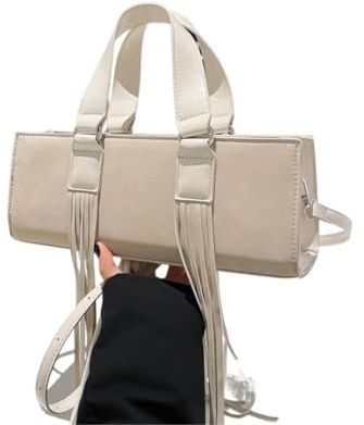 XPJYUA Fransväska Retro läder liten axelväska för kvinnor, tofsdesign, handväskor, Beige, 30.5cmx11.5cmx8cm