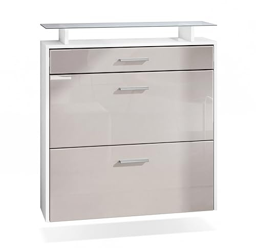 Vladon Schuhschrank Malea, hängender Schuhkipper für 16 Paar Schuhe mit 2 Klappen und 1 Schublade und Glasablage, Weiß matt/Sandgrau Hochglanz (89 x 96 x 23 cm)