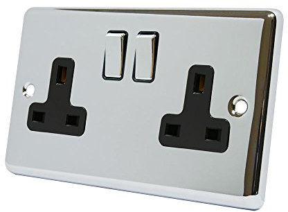 AET CPC2GSOCBC 13 A 2-Gang Polished Chrome Classical Double Plug Socket with Black Insert Metal Rocker Switches