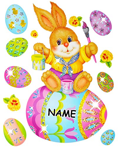 alles-meine.de GmbH 12 TLG. Set 3-D Glimmer Effekt - XL Fensterbilder - Osterhase mit Osterei - incl. Name - statisch haftend - selbstklebend + wiederverwendbar/Ostern & ..