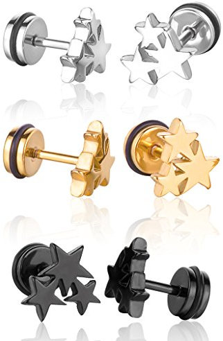 Yumilok Edelstahl Sterne Pentagramme Gestüt Stecker Ohrstecker Piercing Ohrringe Ohrschmuck für Damen Herren Kinder, 3 Paare(Schwarz, Silber, Gold)