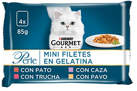 GOURMET Perle Mini Filetes en Salsa, Comida Húmeda para Gato Adulto, Trocitos en Salsa, Surtido de Pavo, Pato, Caza y Trucha, 12 Packs de 4 Sobres de 85 g. (48 sobres)