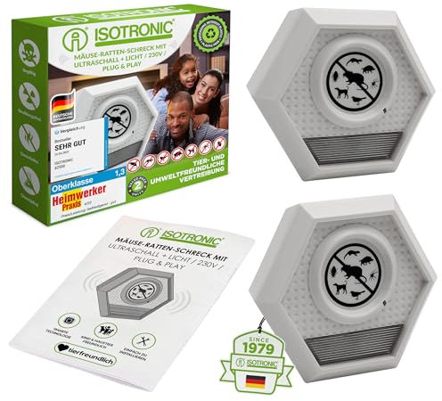 ISOTRONIC Mäusevertreiber mit Ultraschall & Lichtblitz | Tierabwehr gegen Mäuse, Ratten, Vögel, Katzen, Waschbären UVM. – Mäuseschreck für Innen- & Außenbereich – 2X 100 m² Wirkungsbereich
