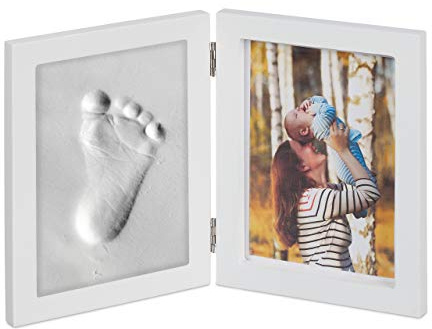 Relaxdays 10 x Babybilderrahmen mit Gipsabdruck, Set für Handabdruck oder Fußabdruck, DIY Babyabdruck mit Bilderrahmen, weiß