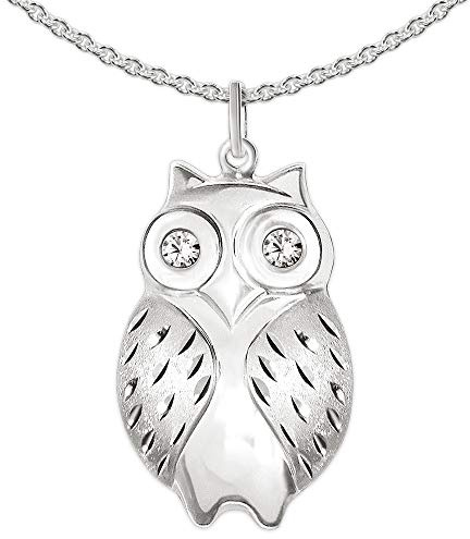 CLEVER SCHMUCK Set Silberner Damen Anhänger große Eule 28 mm figürliche Form mit Zirkonia als Augen glänzend, Flügel matt diamantiert & Kette Erbs 45 cm Sterling Silber 925 im Magnet Euti
