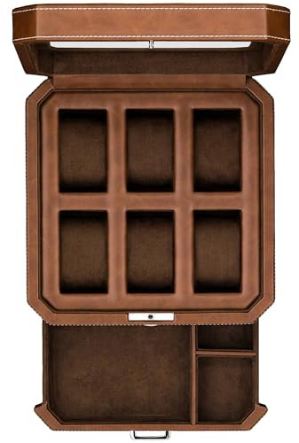 ROTHWELL 6 Fächer Uhrenbox aus Leder mit Stauraum für Herren – luxuriöses Uhrenetui, Display-Organizer, Micro-Wildleder-Futter, abschließbarer Herrenschmuck-Uhrenhalter, tan/brauntan