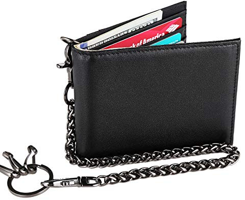 Cartera de cadena para hombre, minimalista, RFID, para motociclista, camionero, viaje, con cremallera, W-bifold piel auténtica negra (cadena de 14.96 pulgadas), Talla única, Minimalista