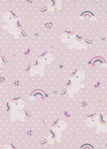 Carta da parati in tessuto non tessuto glitter unicorno cuori stelle rosa 13622-10