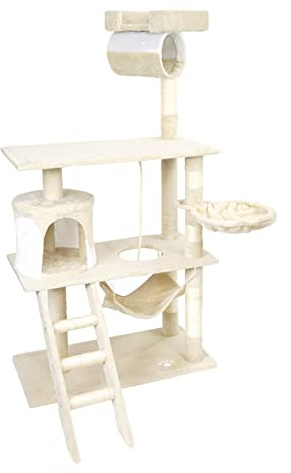 Wiltec Kratzbaum in Beige/Weiß 141 cm hoch, Katzenbaum mit Sisal, Katzenkratzbaum mit Katzenhaus, Hängematte und Liegemulde, Kletterbaum für Katzen