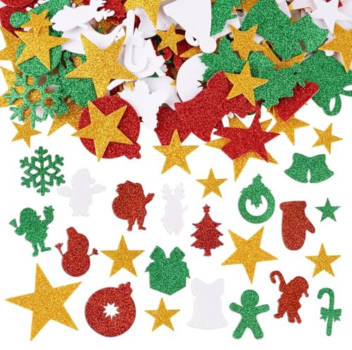 166 Pcs Weihnachtsaufkleber Glitzer Bunt Moosgummi Weihnachtssticker mit Sterne Schneeflocken und Andere Weihnachtsmuster Deko Aufkleber für Weihnachtliche Bastelarbeiten DIY Dekoration usw.