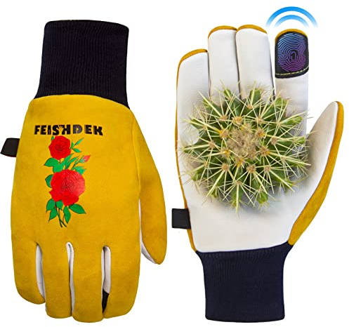 FEISHDEK Läder trädgårdshandskar dam, taggsäkra stickbeständiga pekskärm arbetshandskar, trädgård kaktusar roshandskar