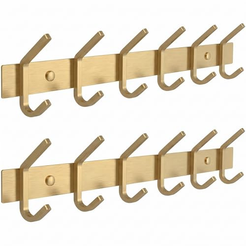 SAYONEYES Perchero de pared dorado cepillado con 6 ganchos dobles para colgar, ganchos de pared rústicos de acero inoxidable SUS304 de 17 pulgadas, para sombrero, ropa, bolso, toalla, paquete de 2