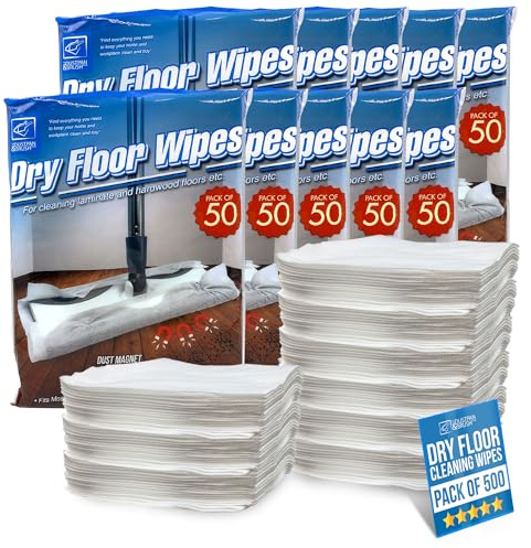 500pk Dry Floor Wipes, 29cm x 21cm Large Floor Wipes Universal Fitting for Swivel Flat Mop, Disposable Dry Dusting Cloths Laminate Cloths Mop Refill Pads (10 Pack x 500 Cleaning Cloths)