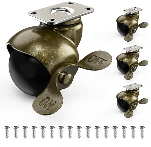 HOLKIE 50mm Ball Castor Wheels with Safety Brake Total Capacity 200kg Brass Antique Furniture Castor Wheels for Furniture