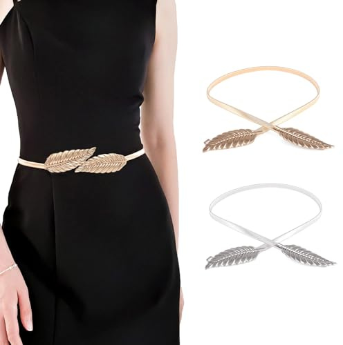 2 Piezas Metálico Elástico Cadena, Elástica Hoja Cinturón, Metal de las Mujeres Cinturón Elástico para la Mayoría de las Ocasiones, Como Bodas, Reuniones Familiares(Golden Silver)