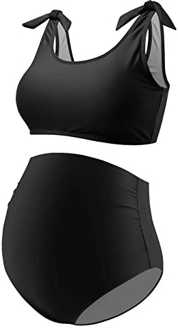 GINKANA Maternity Bikini Set Two Piece Pregnancy Swimsuit Tie Shoulder Straps High Waist Pregnancy Bathing Suits Summer Swimwear,Black,XXL