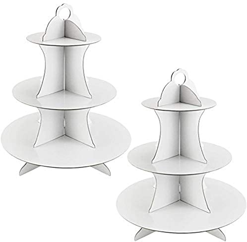 ANMEISH 2 Pack 3 Tier Cardboard Cake Stand, Three Tiered Paper Afternoon Tea Stands color Disposable Cupcake Holder Round Dessert Stands for Party Wedding Birthday Baby Shower Anniversary (White)