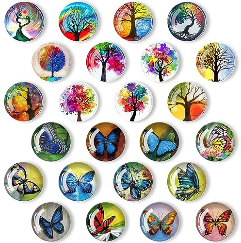 YayaCat 24Pcs 1.2in Round 3D Glass Fridge Magnets, Strong & Non Scratch for Fridge,Locker,Office,Classroom & Kitchen Decor, Colorful Vibrant Butterfly & Life Tree Design