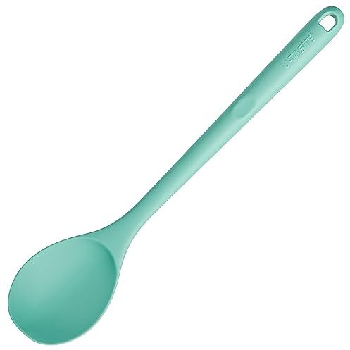 13.3 Solid Cooking Spoon: U-Taste 600ºF Heat Resistant Kitchen Mixing Spoon, Food Grade Nonstick Long and Large Rubber Soup Utensil for Serving, Stirring, Basting, for Pot Cookware (Aqua Sky)