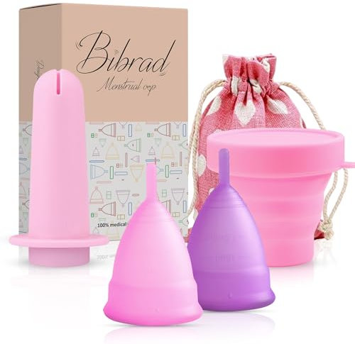 Bibrad Menstruationstasse - 2 Menstruationstassen der Größen M und L, Applikator, Sterilisator und Baumwolltragetasche - 100% weiches medizinisches Silikon, waschbar und wiederverwendbar (M-L+APLI)