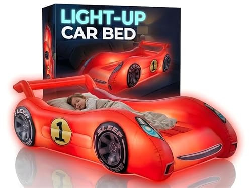 Air Candy Aufblasbares Kinderautobett mit beleuchtetem LED, Schlaf-Racer, Traumauto mit eingebautem Nachtlicht, rotes Rennwagen-Design, Alter 3–12 Jahre
