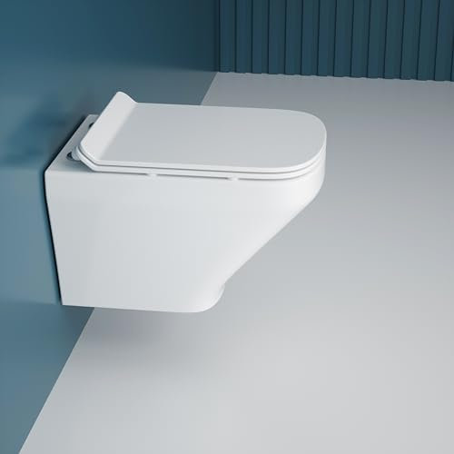 Durovin Bathrooms Compact Wall Hung Toilet - D Shape - Rimless Technology-Include WC Pan with Quick Release Soft Close Seat