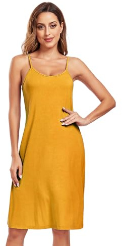 Teemie Damen Unterkleid Sexy Sommerkleid Nachthemd Kleider Kurz Unterröcke Freizeitkleid Minikleid Spaghettiträger Nachtwäsche Frauen Lässig Boho Strandkleid Sommer Gelb S