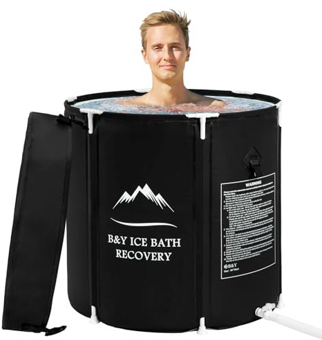B&Y Foldable Ice Bath Bathtub 75cm Ice Bath Barrel with Updated T-Shaped Frame for Athletes and Sportsmen Freestanding Ice Tub Bathtub Ice Barrel for Outdoor (Black-∅75x75cm)