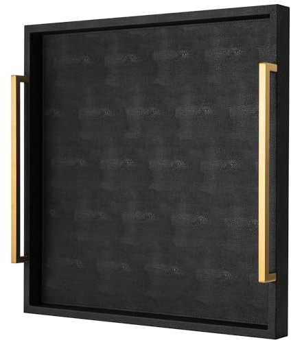 Extra schwarzes großes Serviertablett mit Griffen für Ottomane, vielseitiges Shagreen Leder quadratisches Ottoman-Tablett für Wohnzimmer