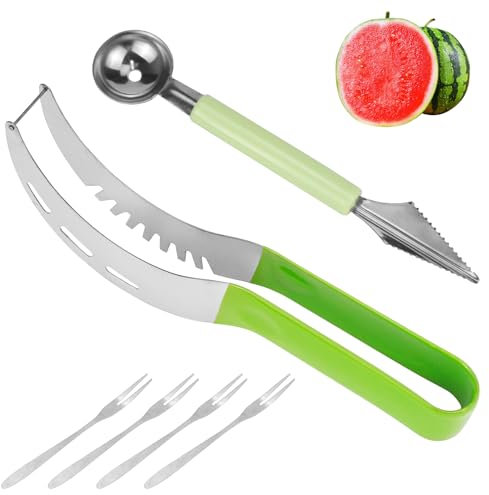 QGGTQG Melonenschneider Edelstahl Wassermelonen Schneider, Melonenschneider Würfel Melonenausstecher Obstschnitzmesser mit Obst Gabel für Wassermelone, Papaya, Melone, Drachenfrucht
