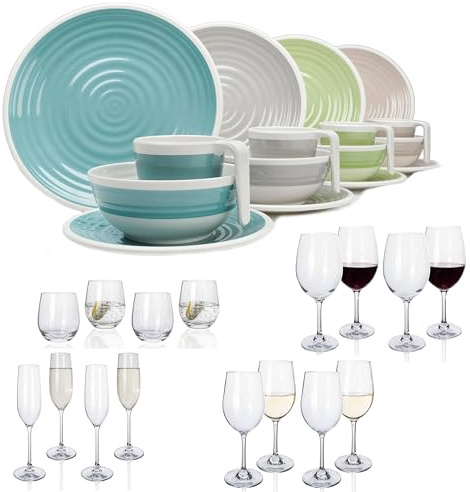 Vaisselle de camping en mélamine Harmonie 16 pièces + 16 verres à eau Verres à vin Champagne Vaisselle de table pique-nique BBQ Batterie de cuisine