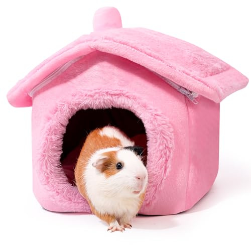 ONEJU Casetta per porcellini d'India, tetto in peluche separabile, letto per maiali, nascondiglio, coniglietto e coniglio, rosa puro