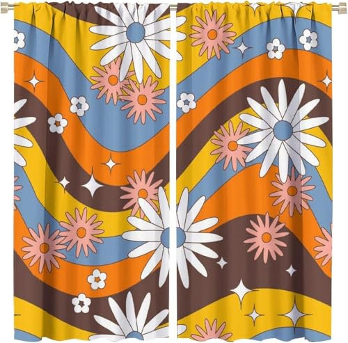 Vorhang Kinderzimmer Bunte Retro-Blumen Kinder Vorhänge Mit Ösen Polyester Gardinen Thermovorhang Blickdicht Ösenschal Kindergardinen 220X215 cm (B + H) Für Wohnzimmer,2Er Set-535347600