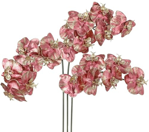 Briful 3er Set Künstliche Orchideen Stiele – 80 cm Glitzernde Deko Phalaenopsis Kunstblumen – Rosa Künstliche Blumen für Weihnachten, Vase, Hochzeit & Wohnraumdekoration