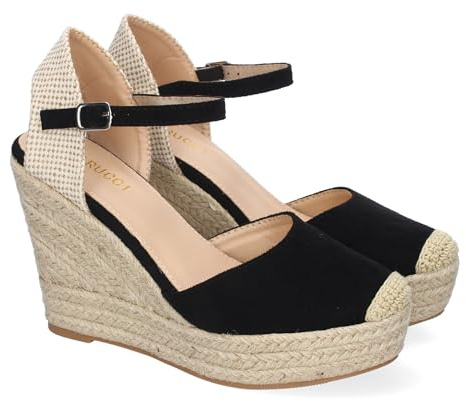 shoes&blues.es 91851 Sandalia de Cuna de Yute para Mujer, Comodas y Elegantes, Diseno Moderno con Punta Bordada y Cierre de Hebilla, Ideales para Primavera-Verano. Negro Talla 39