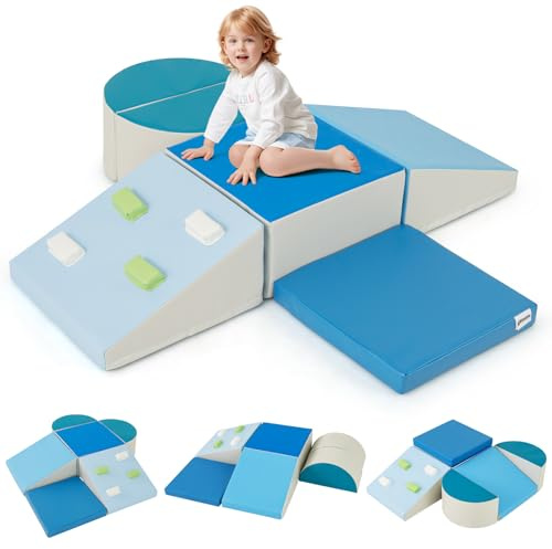 COSTWAY 6 TLG. Schamstoff Bausteine Kinder, Softbausteine mit Kletterfelsen zum Klettern & Krabbeln, Riesenbausteine aus Schaumstoff, Großbausteine Kletterblöcke für Innenbereich (Blau)