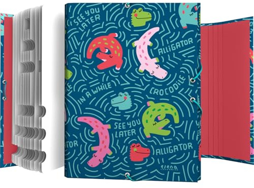 Grafoplas - Clasificador Escolar, Elena Corredoira Alligator, 12 Posiciones, Tamaño Folio, Cartón Plastificado Suave al Tacto, Certificado FSC, Perfecto para Clasificar Tu Material Escolar