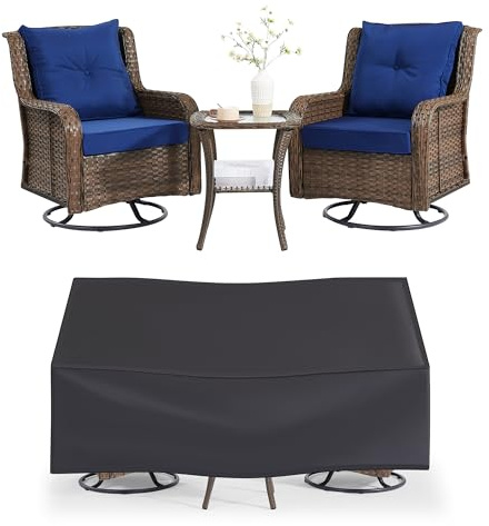 Wumiokio Patio Furniture Sets, 3 Pieces Wicker Outdoor Furniture - 360 Degree Swivel Rocking Chairs and Rattan Side Table for Garden,Porch,Backyard (Brown Wicker/Blue Cushion, 3PCS - Swivel Chairs)