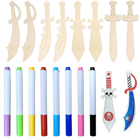Sztqqing Wooden Sword Children's Craft Set - 8 Pieces Pirate Sword Wood with 8 Colouring Pencils for Painting, Creative DIY Pirate Decoration for Children's Birthday, Carnival, Halloween Gift