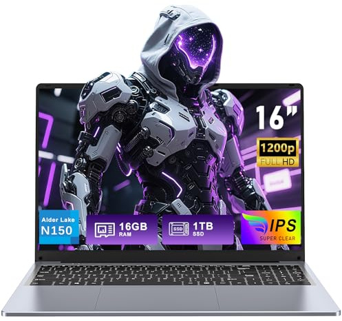 FUNYET Computer portatile da 16 pollici, 16 GB di RAM, 1 TB di SSD, 2025 Win 11 Pro Laptop, PC portatile Processore N150 (fino a 3,6 GHz), 6000 mAh, FHD 1920 * 1200, tastiera retroilluminata