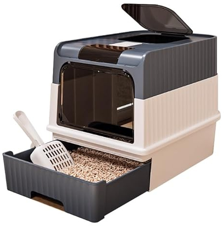 BPS Caja de Arena para Gatos con Cajón Extraíble, Cubierta Superior y Filtro Desodorizante – Doble Entrada/Salida, Espaciosa y Antisalpicaduras, Fácil de Limpiar (Gris) BPS-8805GR
