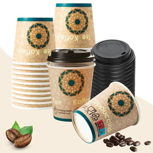 100er Kaffeebecher 200 ml (8 oz) – stabile Pappbecher für Heiß- & Kaltgetränke – Einweg Trinkbecher - Coffee To Go Becher mit Deckel – umweltfreundlich, hitzebeständig & HLKauf-Block
