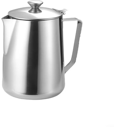 Trayne Brocca schiumalatte in acciaio inox con coperchio per caffè, da 350 ml a 2000 ml, resistente al calore, con comodo manico (350 ml)