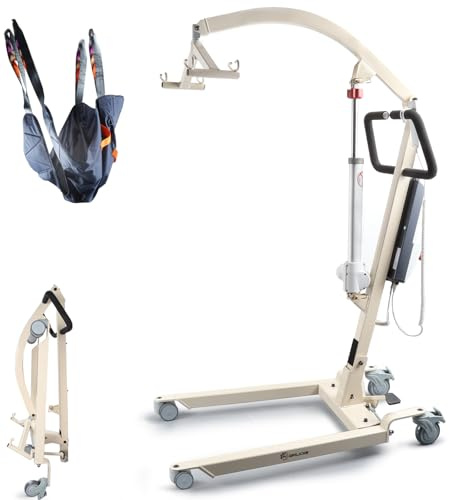 WHLICKS Electric Patient Lift with Full Body Sling – 400LBS Heavy Duty Transfer Chair for Elderly, Full-Range Open Base Slides Under Bed/Chair, Fast Folding Homecare Lift with Braked Casters